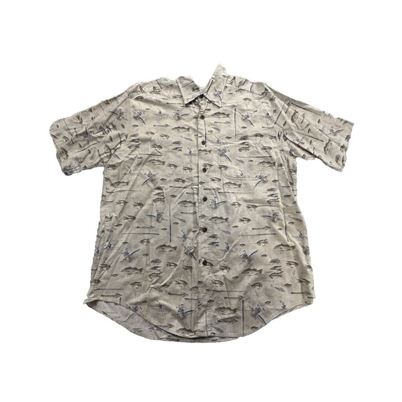 Woolrich Shirt Mens LGE Beige Fishing Print Short‎ Sleeve Button Down Outdoor - Picture 5 of 8